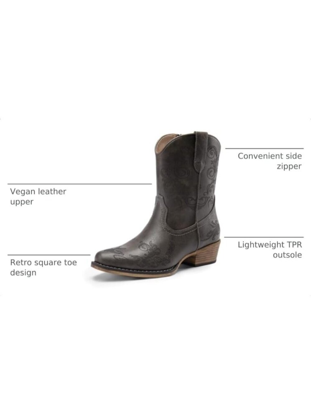 Women's Grey Faux Leather Square Toe Fashion Dress Low Chunky Heel Cowgirl Boots - Picture 3 of 6